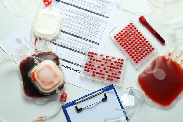 sangue e provette con sangue su un tavolo