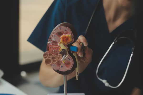 Medico che indica un modello 3D di un rene