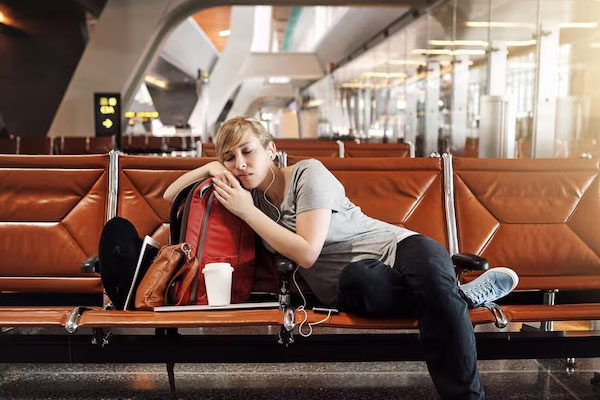 donna addormentata in aeroporto