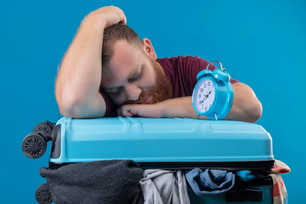 uomo addormentato sulle valigie