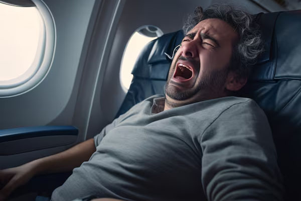 uomo che sbadiglia sull'aereo