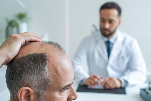 Primo piano di un uomo calvo sullo sfondo, un medico seduto alla sua scrivania