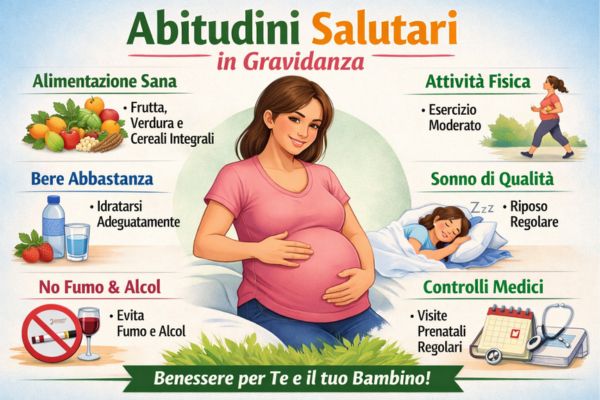 Infografica che mostra le abitudini sane raccomandate durante la gravidanza