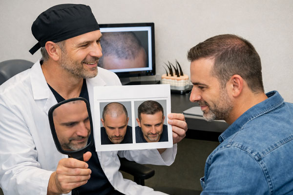 Paziente in consultazione con uno specialista in trapianto di capelli