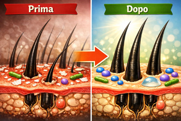 Prima e dopo un trattamento per migliorare il microbioma capillare