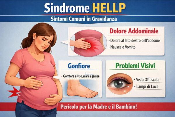 Infografica che mostra i sintomi comuni della sindrome HELLP in una donna incinta, come dolore addominale, gonfiore e cambiamenti nella visione.