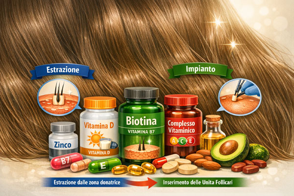 illustrazione di vitamine e integratori in flaconi e pillole, con uno sfondo che rappresenta capelli saniIll