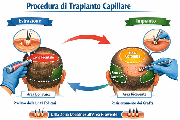 infografica che illustra il processo di estrazione e impianto di unità follicolari.