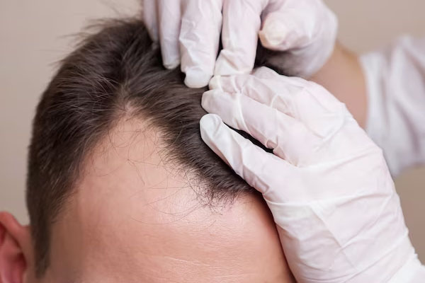 primo piano medico guanti esame testa uomo calvo