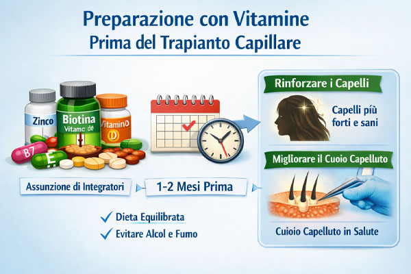 schema visivo del processo di preparazione vitaminica prima di un trapianto di capelli.