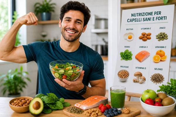 una persona felice e in salute, che fa esercizio fisico o mangia cibi che fanno bene ai capelli