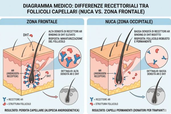 Diagramma medico che mostra la differenza recettoriale tra i follicoli della nuca e quelli della zona frontale
