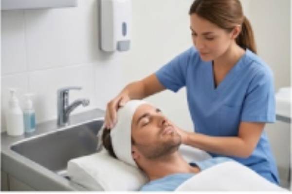 Un paziente riceve un lavaggio post-operatorio specializzato da parte di personale sanitario qualificato in una clinica