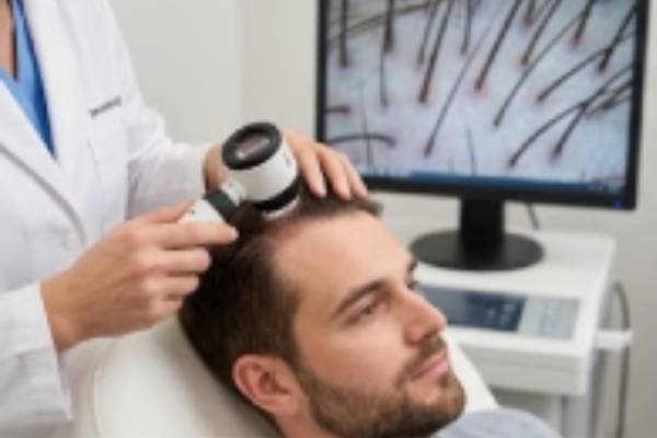 Close-up di un medico tricologo specialista che utilizza un tricoscopio digitale su un paziente maschio, con un monitor che visualizza i follicoli piliferi