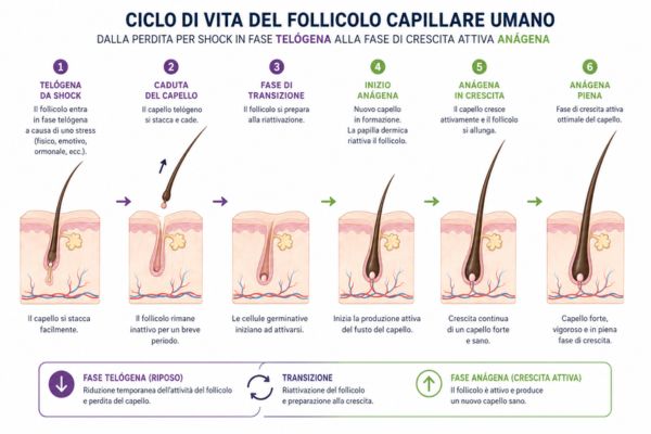 Schema illustrato delle tre fasi fisiologiche del ciclo di crescita del capello umano