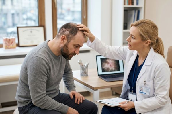 Schermata medica di una tricoscopia computerizzata che mostra lo stato di salute e la densità dei follicoli piliferi