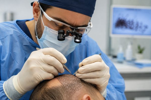 Specialista in dermatologia analizza le unità follicolari estratte sotto un microscopio clinico prima dell'innesto