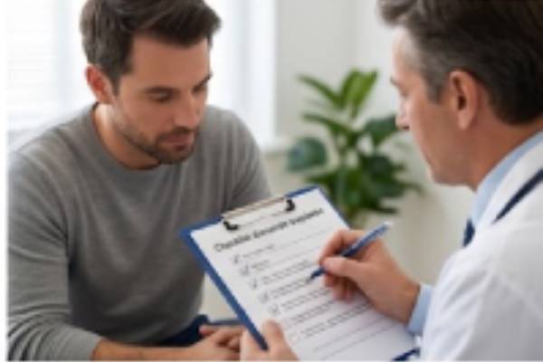 Un paziente e il medico completano insieme una checklist di verifica delle domande chiave prima di procedere con un trapianto di capelli
