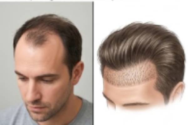 Un confronto realistico tra l'area donatrice e il risultato naturale post-trapianto di capelli, mostrato attraverso un'illustrazione medica