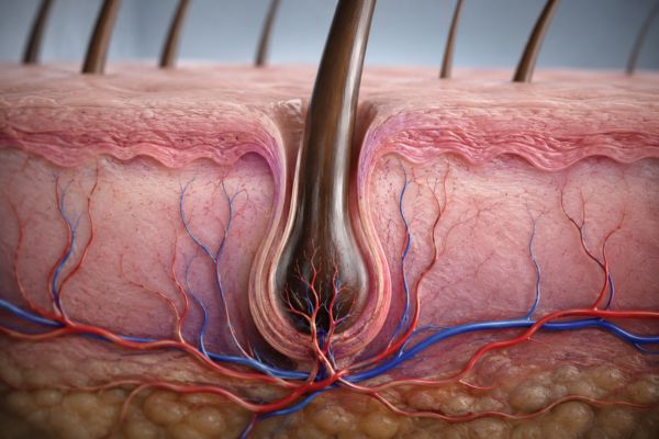 Rendering tridimensionale di un follicolo trapiantato che riceve nutrimento dai nuovi vasi sanguigni nel derma