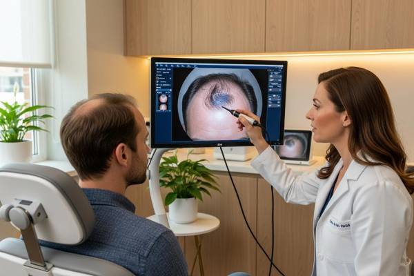 Paziente e dermatologo discutono la diagnosi della caduta dei capelli e le possibili alternative al trattamento chirurgico
