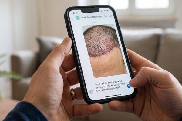 Paziente che tiene in mano uno smartphone con una foto del cuoio capelluto dopo il trapianto da inviare alla clinica per la valutazione