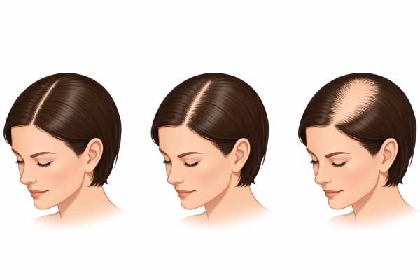 Grafico scientifico della scala di Ludwig che mostra i tre stadi del diradamento dei capelli nelle donne