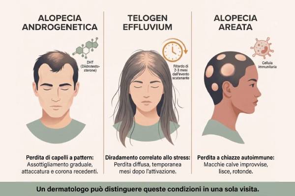 Schema illustrativo delle differenti manifestazioni della perdita dei capelli, tra cui diradamento diffuso, alopecia areata e alopecia androgenetica