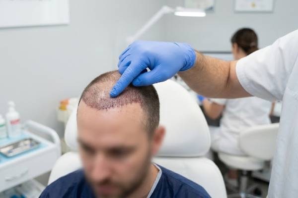 Primo piano di un tricologo con i guanti che esamina attentamente l'attaccatura dei capelli di un paziente dopo un trapianto di capelli in una clinica