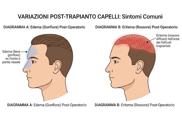 Illustrazione medica comparativa che mostra edema frontale e arrossamento del cuoio capelluto dopo un trapianto di capelli