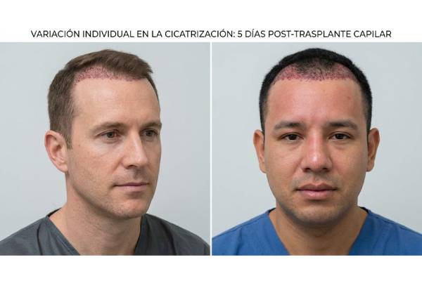 Immagine comparativa di due pazienti diversi cinque giorni dopo un trapianto di capelli, che mostra le normali variazioni di gonfiore e cicatrizzazione