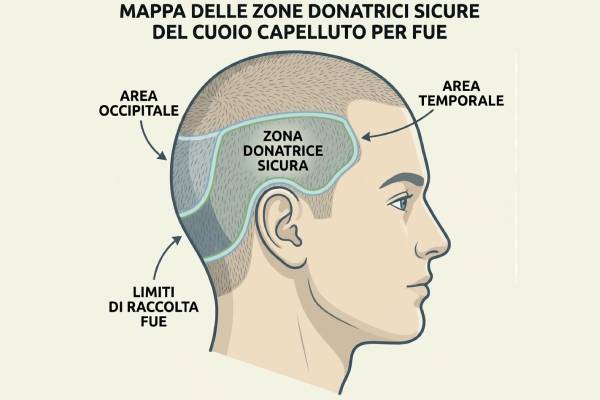 Illustrazione del cuoio capelluto con la zona donatrice nella parte posteriore della testa e la zona ricevente nella regione frontale diradata