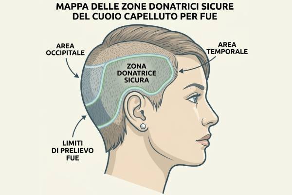 Schema della zona donatrice e della distribuzione dei capelli nel cuoio capelluto femminile