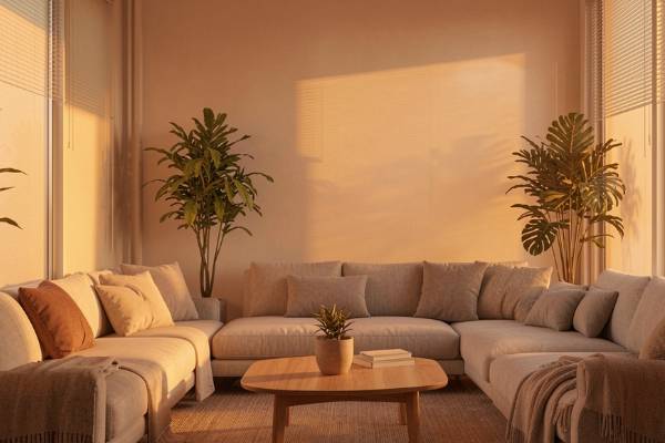 Rappresentazione di uno spazio abitativo adattato con filtri e luce sicura per prevenire danni cutanei