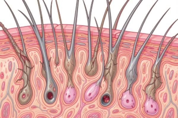 Sezione microscopica della pelle del cuoio capelluto che illustra l'atrofia follicolare legata alla progeria.