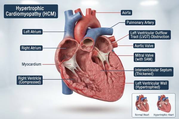 Sezione anatomica del cuore umano che mostra l'ispessimento del miocardio dovuto a cardiomiopatia ipertrofica