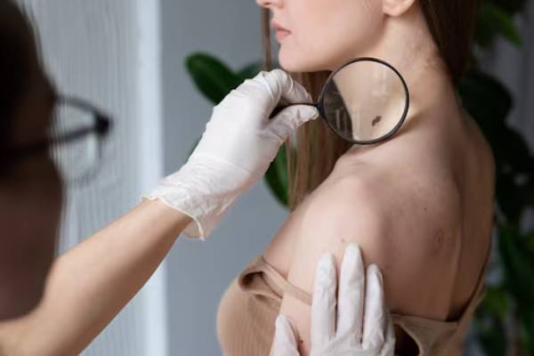 Dermatologo specialista analizza dati di diagnostica cutanea al computer nel suo studio medico