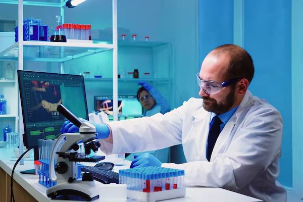 Un medico genetista illustra i risultati diagnostici a una famiglia in uno studio medico