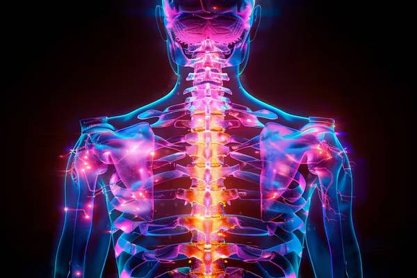 Modellazione anatomica del sistema nervoso umano con evidenziazione del midollo spinale e dei nervi periferici interessati dall'atassia