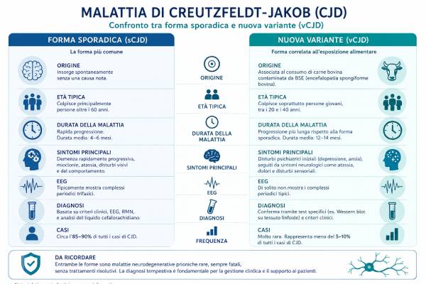 Schema infografico che evidenzia le differenze epidemiologiche e cliniche tra sCJD e vCJD