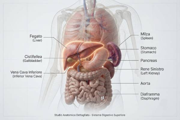 Render anatomico 3D che mostra fegato e milza ingrossati a causa dell'accumulo lipidico