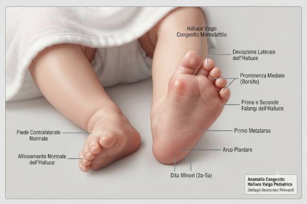 Mappa clinica dettagliata dei piedi di un neonato che mostra l'alluce valgo deviatamente corto