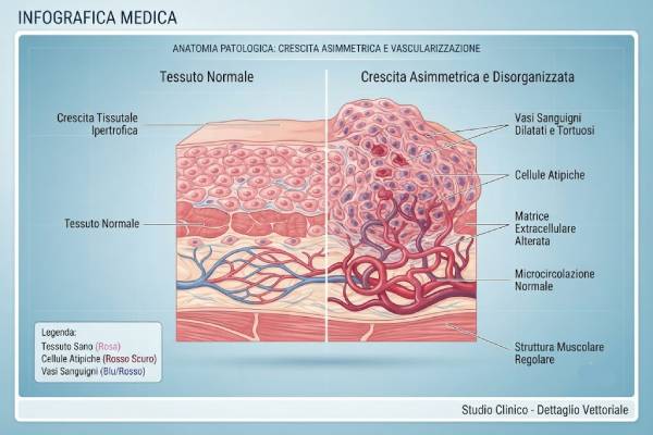 Diagramma medico illustrativo dell'asimmetria corporea e dell'ipercrescita dei tessuti molli
