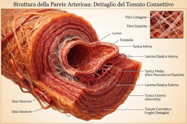Rappresentazione anatomica dettagliata degli strati della parete arteriosa e del tessuto connettivo vascolare