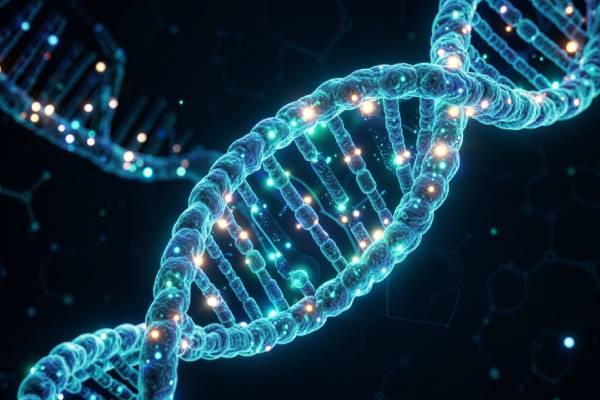 Modellazione tridimensionale della doppia elica del DNA con evidenziata la mutazione autosomica recessiva