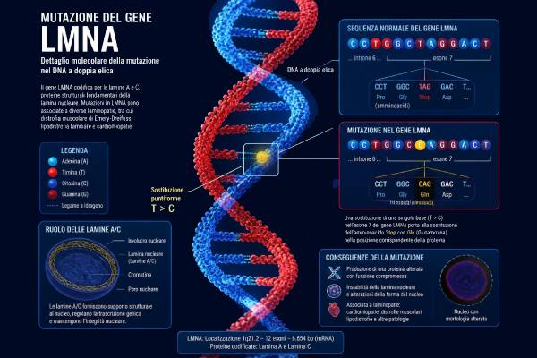 Rappresentazione concettuale della mutazione del gene LMNA sul DNA responsabile della progeria.