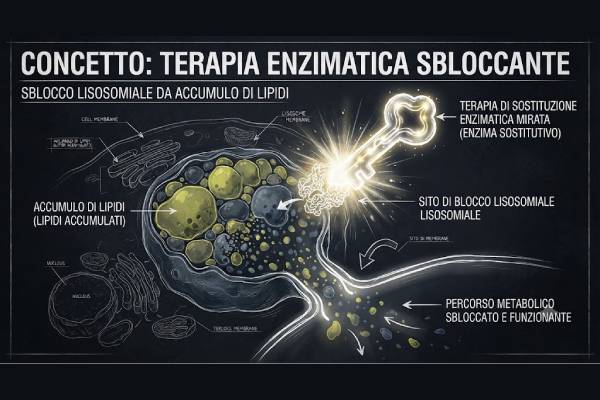 Illustrazione concettuale della terapia di sostituzione enzimatica che libera i percorsi metabolici cellulari