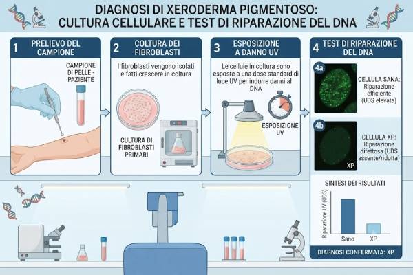 Illustrazione dei passaggi di laboratorio per confermare la diagnosi di xeroderma pigmentoso tramite coltura cellulare