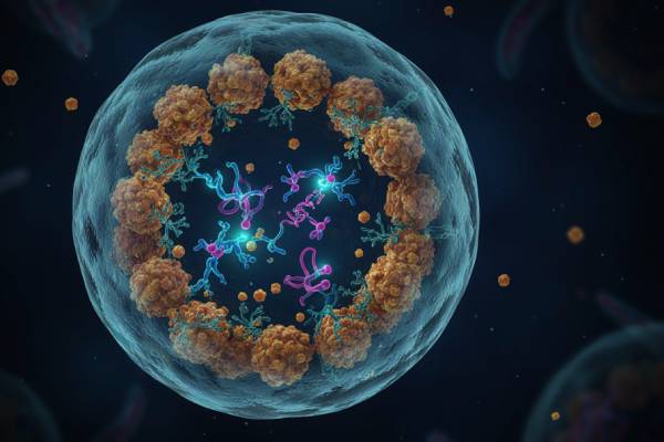 Illustrazione scientifica 3D di un lisosoma cellulare con accumulo di glicogeno dovuto al deficit dell'enzima GAA nella malattia di Pompe
