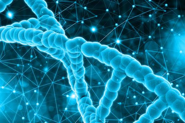 Modello 3D di elica del DNA con evidenziate le mutazioni genetiche responsabili della malattia di Niemann-Pick.